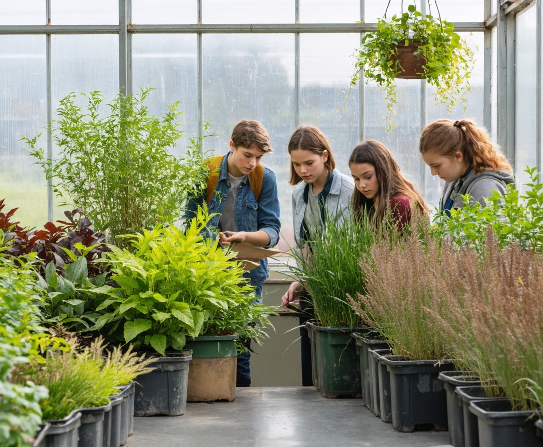 Студенты изучают декоративные растения в светлой оранжерее