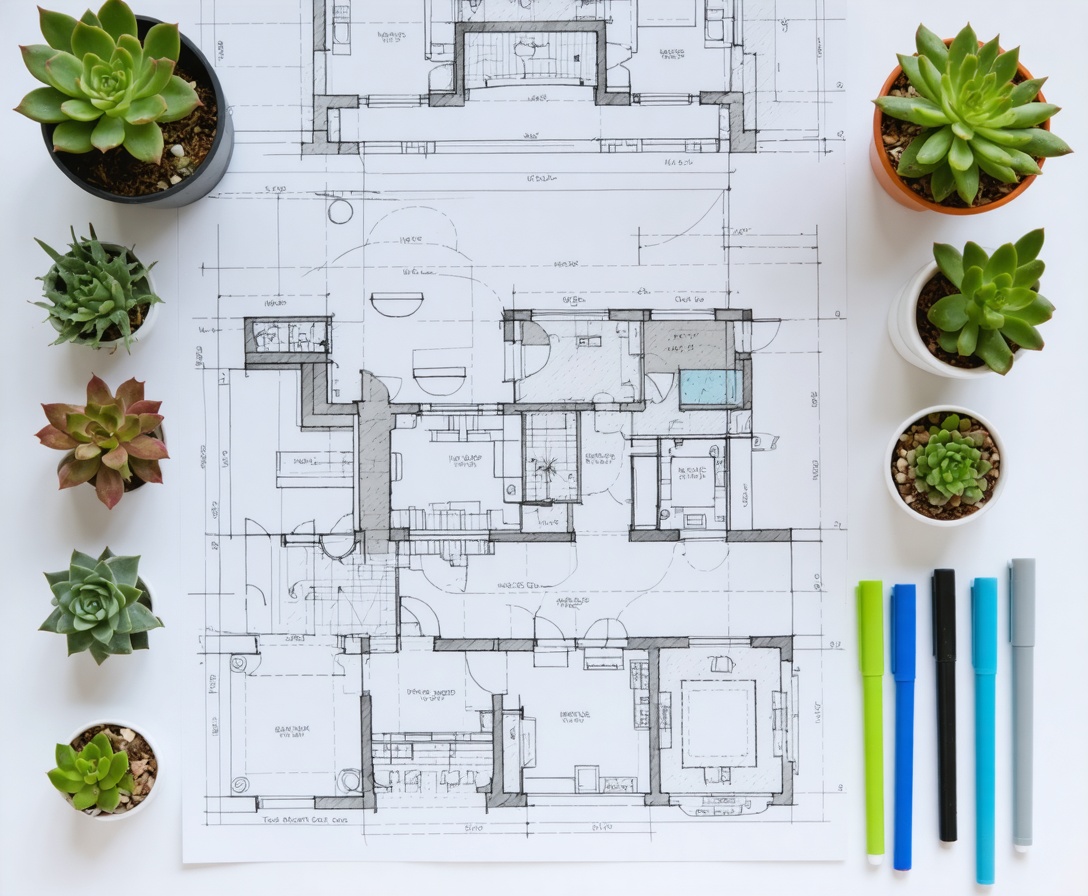 Рабочий стол ландшафтного дизайнера с чертежами и инструментами