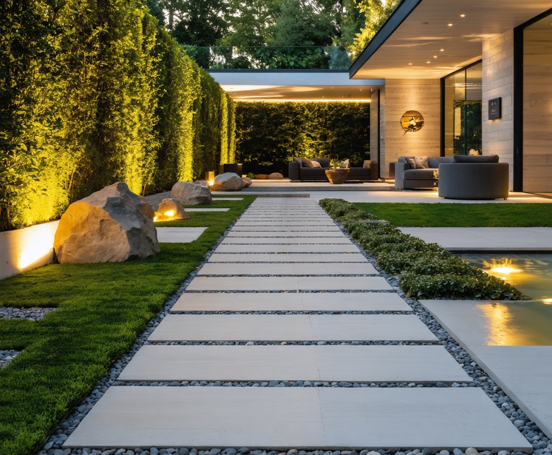 Современный сад с известняковой дорожкой и архитектурными растениями
