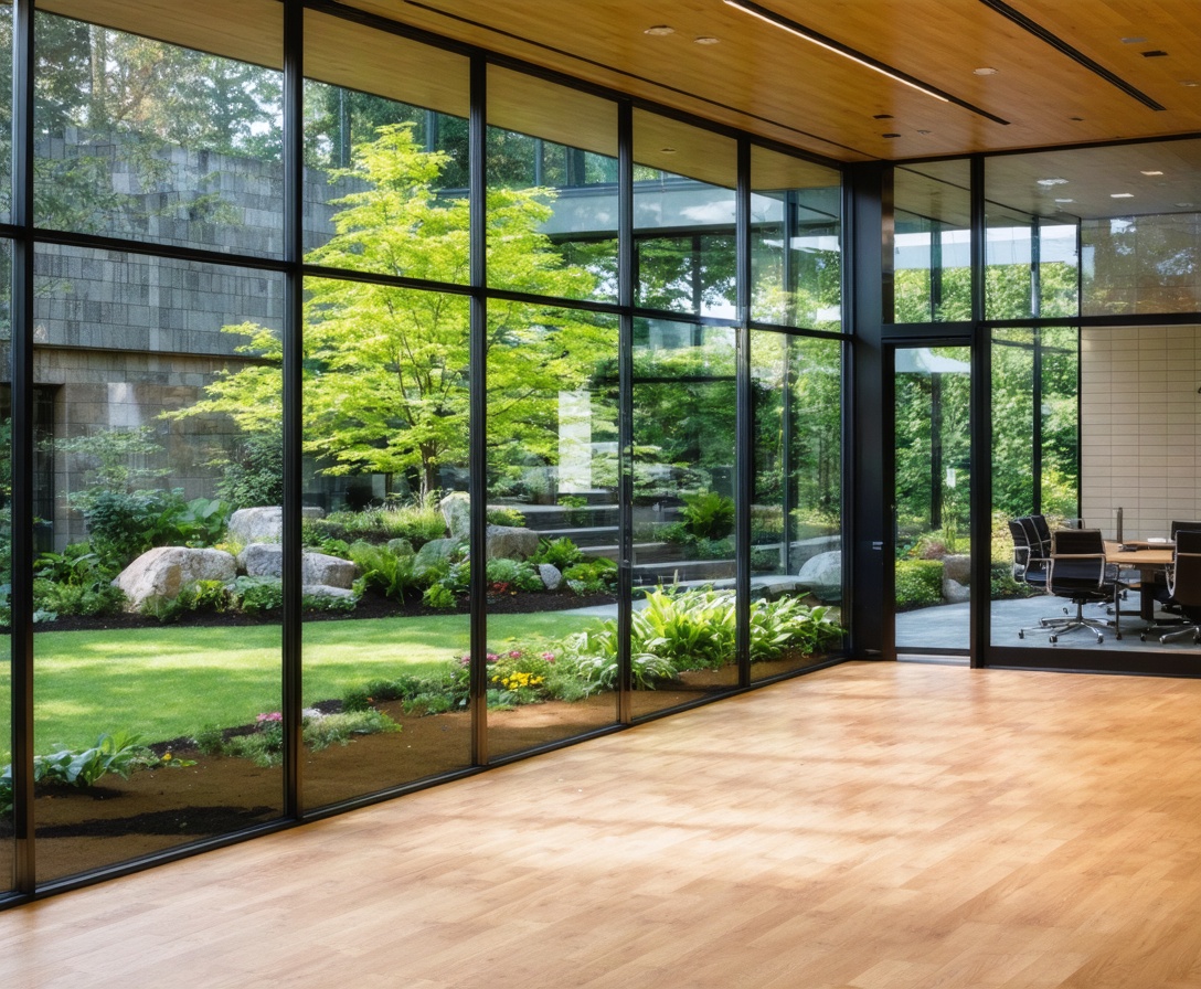 Интерьер офиса с видом на пышный сад