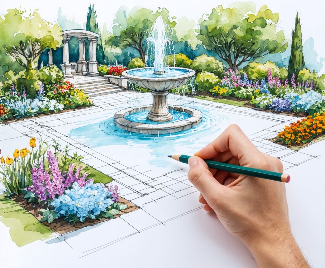 Процесс рисования детального плана сада с фонтаном