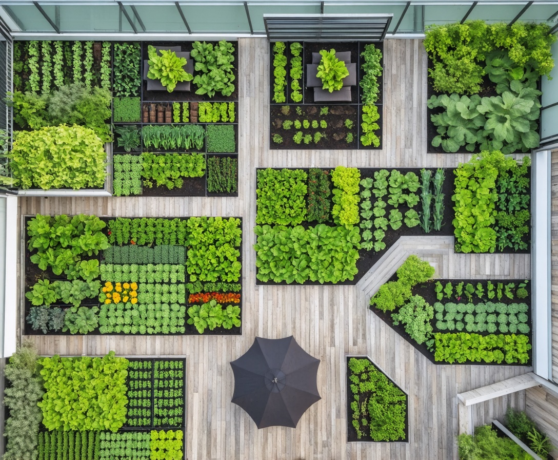 Вид сверху на устойчивый сад на крыше с огородом